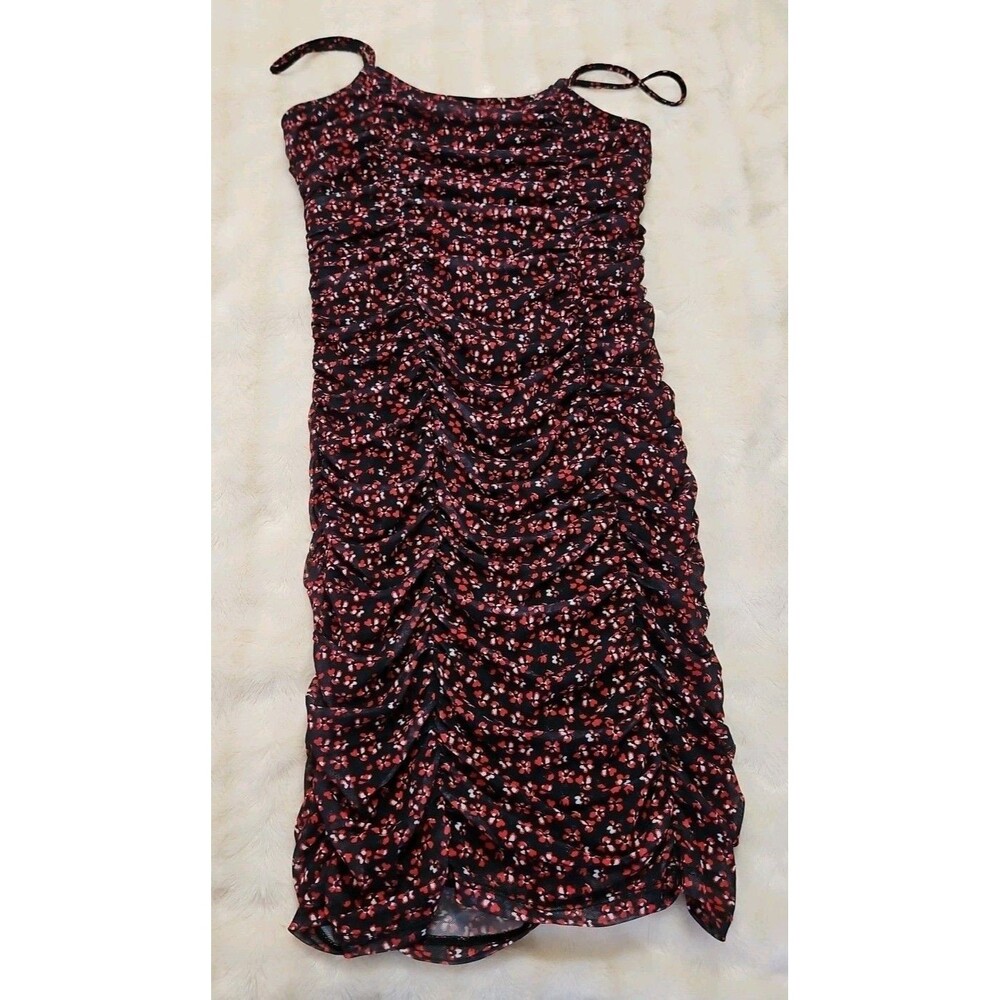 Abercrombie & Fitch Black & Red Floral Ruched Spaghetti Straps Dress Sz S